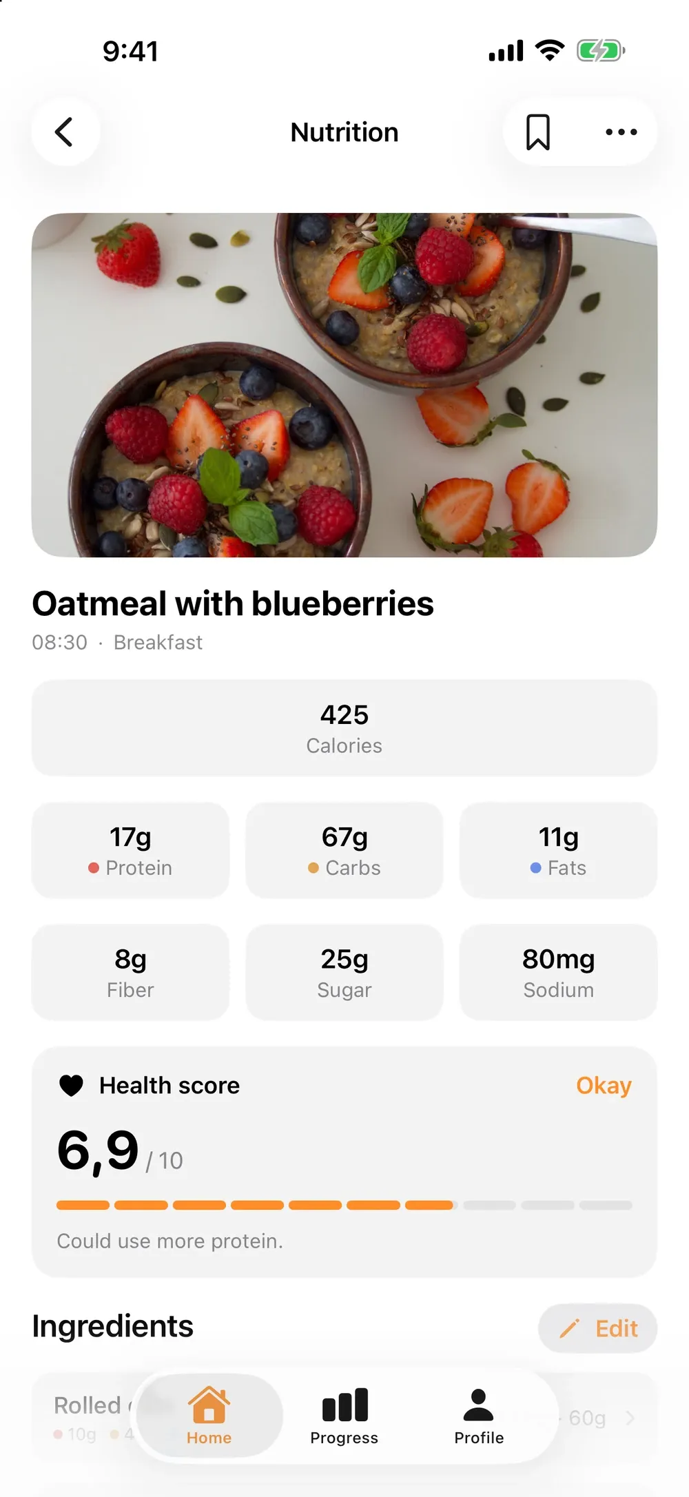 A meal breakdown: calories, macros and health score