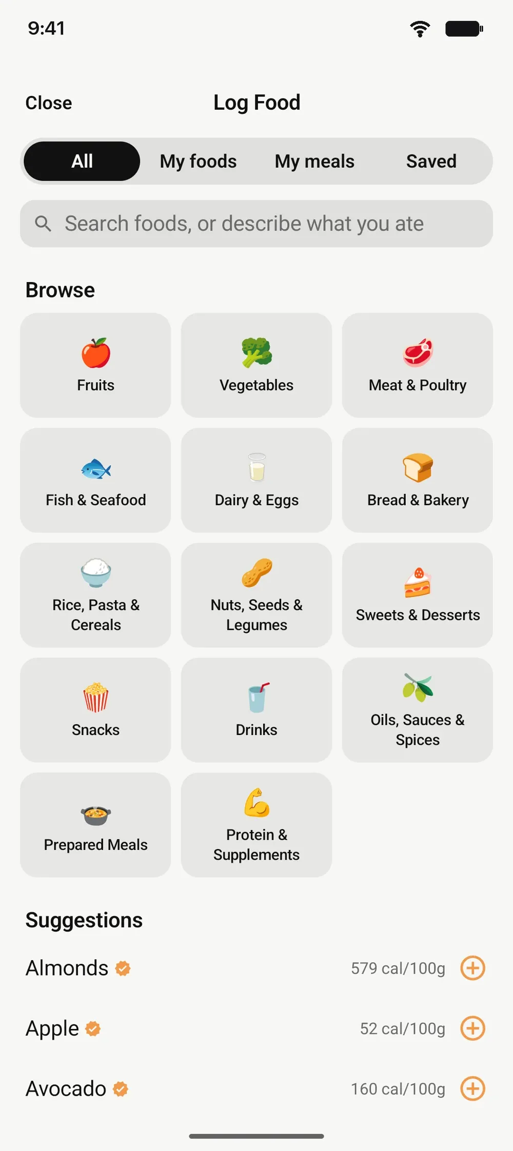 The Hapka AI food search screen with categories and suggestions